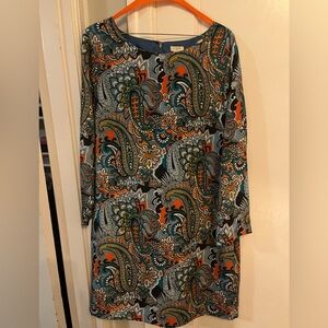 Multi-color J.Crew dress, size 14, with 3/4 length sleeves